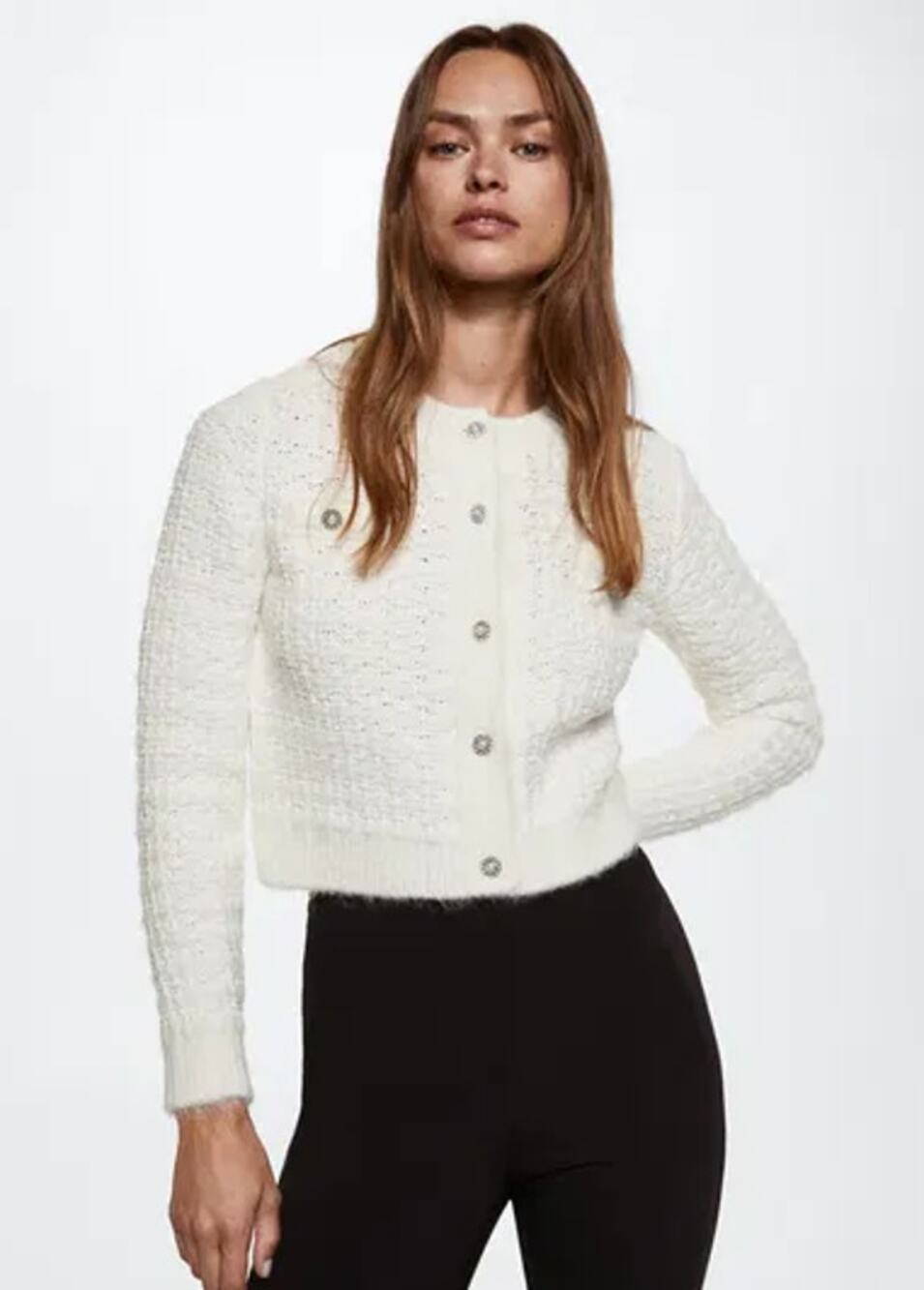 MANGO Jewel Button Boucle Tweed Style Cardigan Crew Neck Chunky Knit Sweater